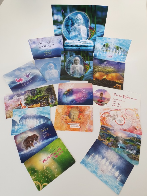 Kunstkarten und Postkarten von Claudia Drescher mit verschiedenen Motiven, fächerartig sortiert.