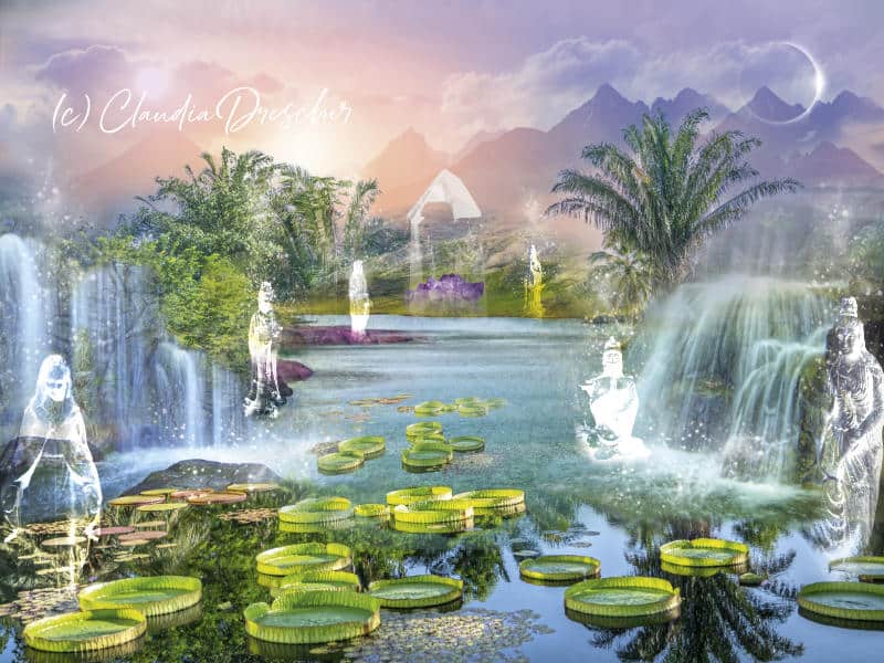 Kristalle in Landschaft mit Fluss in Lemurien. Kunst von Claudia Drescher