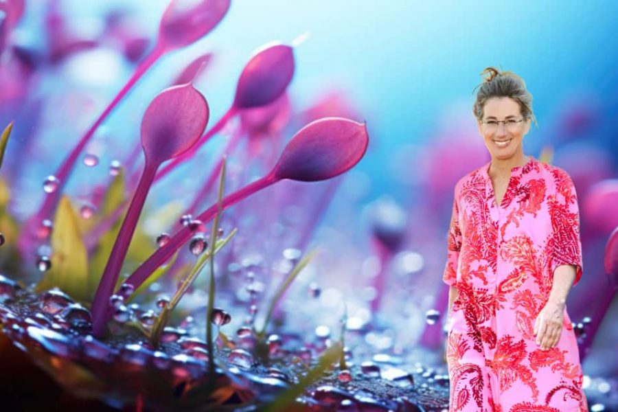 Claudia Drescher steht vor einer Landschaft aus Pflanzen und Tautropfen.