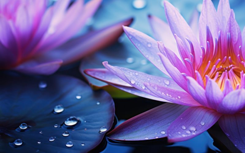 2 pinkfarbene Lotusblüten schwimmen auf einer dunkelblauen Wasseroberfläche
